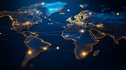 A network map with illuminated pathways linking cities and countries, symbolizing international business communication and the seamless flow of ideas and information globally.