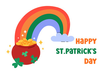 St. Patricks Day greeting card, vector illustration. Cute Leprechauns pot of gold and colorful rainbow. Happy Saint Patrick Day March 17 horizontal card, poster