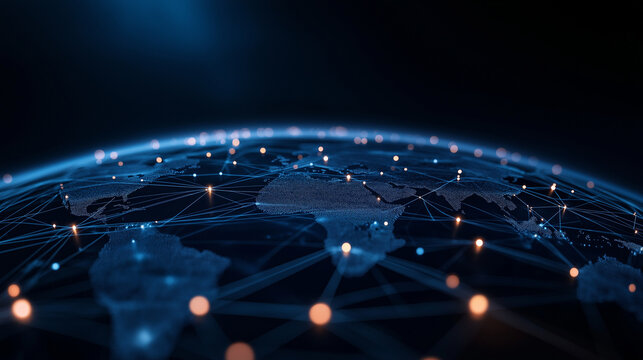 Futuristic illustration showing interconnected digital lines and spheres across the globe, highlighting the collaborative efforts of businesses from all over the world.