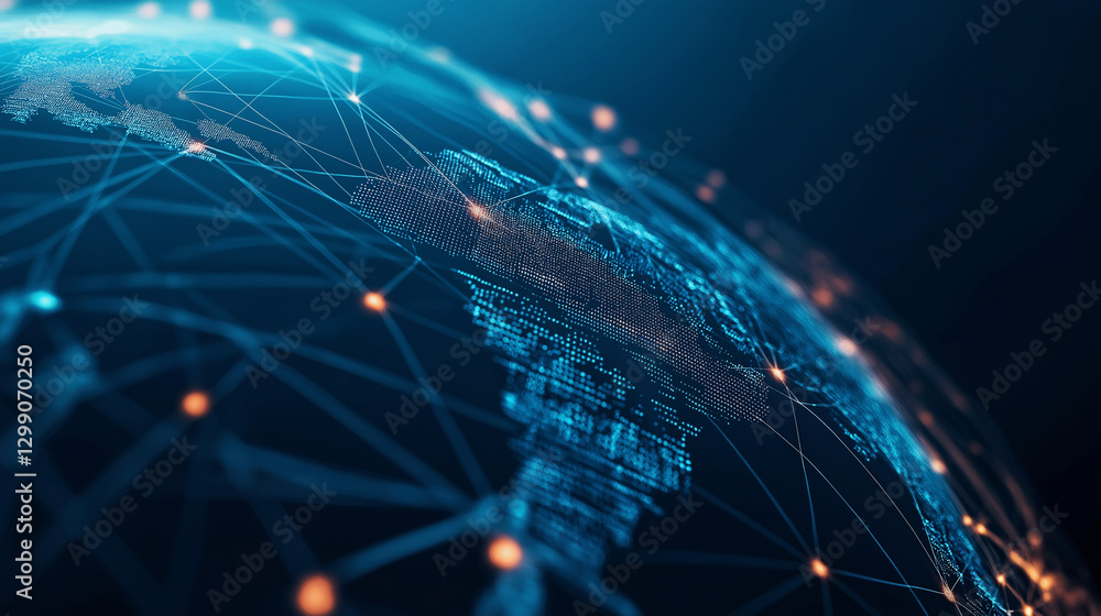 Poster global business network with digital signals radiating from major cities, illustrating the constant 
