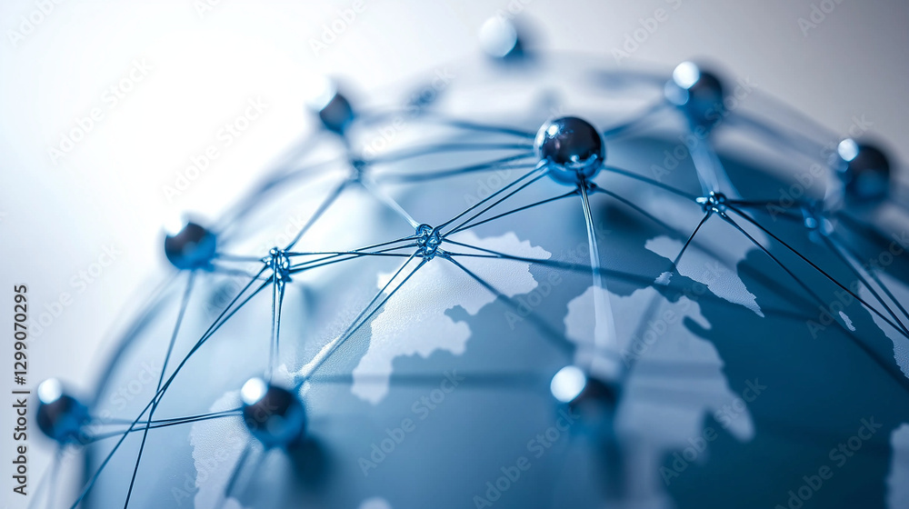 Poster 3d depiction of interconnected networks around a globe, symbolizing the worldwide collaboration and 