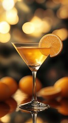 Elegant Cocktail Glass with Orange Slice Reflecting on a Polished Surface with Warm Bokeh Lights