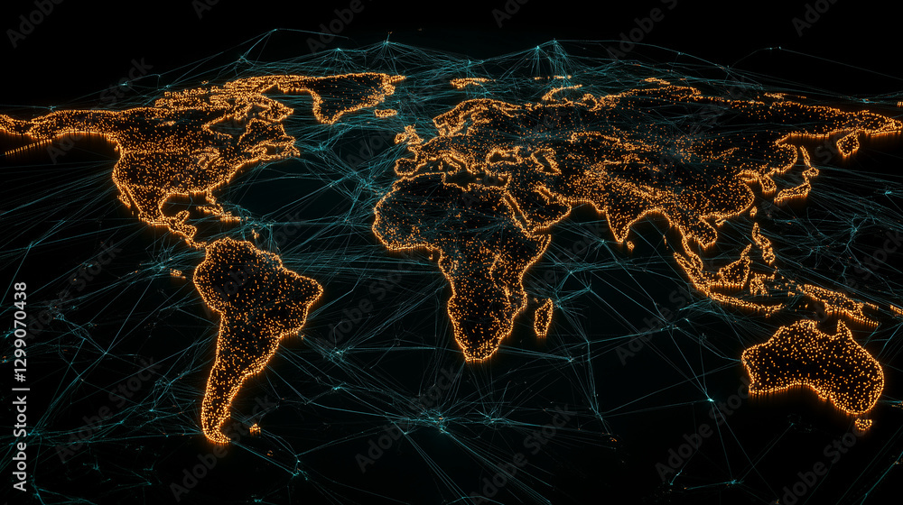 Poster futuristic digital network map showing the interconnected pathways of global businesses and the tech