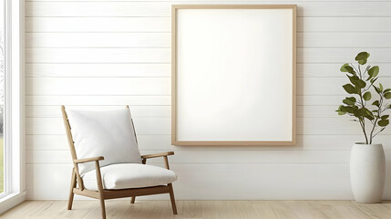 Minimalist Interior Scene Featuring Blank Artwork Frame Comfortable Chair and Decorative Plant