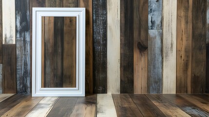 Empty White Frame Against Rustic Wood Wall Background
