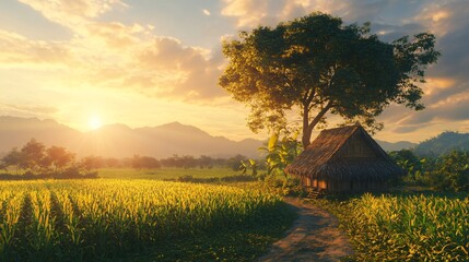 Rural Farmer Hut and Tree on Agriculture Garden in Countryside - Rustic Village Scene with Farm Cottage and Greenery