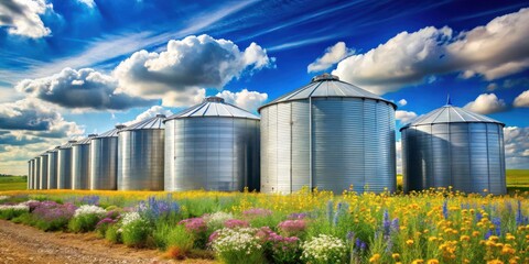 Rural Agricultural Storage Silos Amidst Vibrant Wildflower Meadow Under a Summer Sky