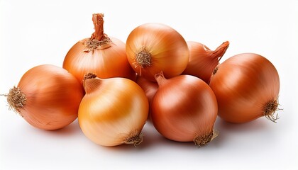 A close-up of five fresh golden-brown onions with smooth, shiny skins, arranged on a clean white surface.