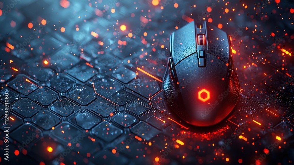 Poster gaming mouse on hexagonal surface with futuristic glowing particle effects