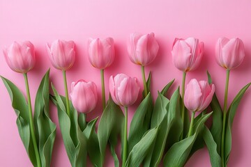 Fototapeta premium Lovely arrangement of springtime flowers. Pink tulip blossoms in a bouquet against a pastel pink backdrop. Happy Women's Day, Mother's Day, Valentine's Day, Easter, and birthday. Generative Ai