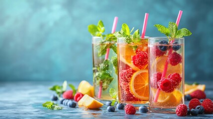 Fototapeta premium Refreshing Fruit-Infused Beverages with Berries and Mint on Colorful Background