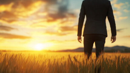 A businessman stands confidently in a ripe wheat field, gently running his hand over the crops at sunset, appreciating the fruits of labor in nature&acirc;s bounty.