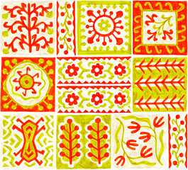 Tile seamless pattern. Abstract ornament drawn with markers. Print for textiles, packaging, covers, home decor. Handmade on paper.