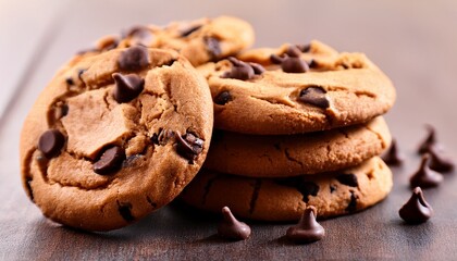 A stack of freshly baked chocolate chip cookies on a ceramic plate with a rustic blue wooden background.