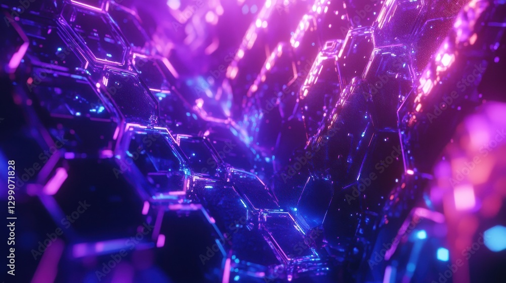 Poster abstract futuristic close-up of hexagonal patterns with neon lights in purple and blue shades. this 