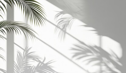 Soft shadows of green leaves on a light wall, creating a serene atmosphere in a modern indoor space with natural light and calm vibes