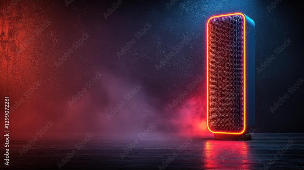 Poster speaker with neon lighting on dark background with fog and reflection