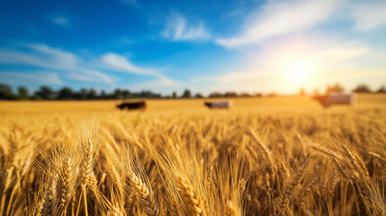 Obraz premium Golden wheat field ready for harvest, cows grazing quietly in the background, with a clear blue sky and sunlight reflecting off the wheat in a tranquil rural setting.