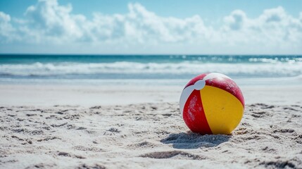 Obraz premium Beach ball on sandy beach with ocean view