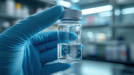 Pharmacist Hand in Blue Latex Gloves Holding Small Medicine Vial
