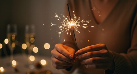 A person holds a burning sparkler in a dimly lit setting, surrounded by warm golden bokeh lights and champagne glasses. Diwali celebration.