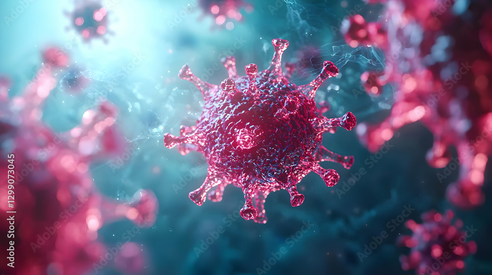 Poster microscopic rendering of a detailed red and blue virus with glowing effects and abstract background