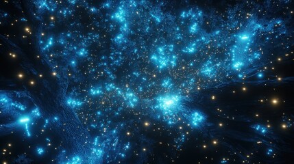 Obraz premium Abstract Blue Network with Illuminated Nodes: An abstract blue network featuring illuminated nodes, symbolizing data connectivity and technological communication.