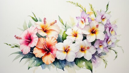 Brightly colored hibiscus flowers in various shades bloom gracefully against a softly blurred background. The image captures their intricate petals and lush green leaves perfectly.