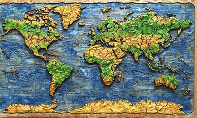Carved world map wood topography, painted oceans, framed. Earth decor art background - Powered by Adobe