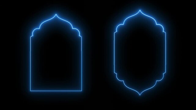 Glowing neon line oriental style Islamic windows and arches animation video, Traditional islamic window shapes in oriental style, decorative arches, mosque borders or moroccan gates Arabic  frames