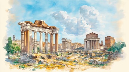 Obraz na płótnie Canvas Roman Forum, Life drawing of a roman forum filled with people walking, Watercolor sketch on white paper.