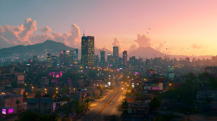 Fototapeta premium City Skyline At Sunset Featuring Illuminated Buildings And Road In Evening Atmosphere