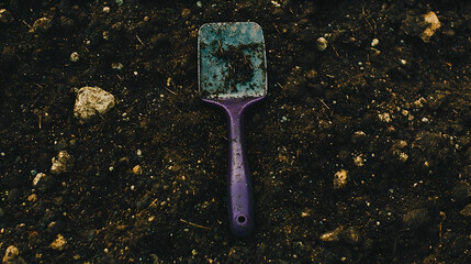 Purple gardening trowel on dark soil, ready for planting, outdoors. Ideal for gardening blogs and websites