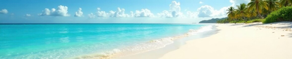 Obraz premium Azure water shimmers; soft sand reflects sunlight; distant palms , shore, paradise, calm