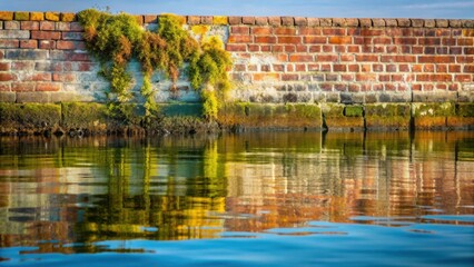 Fototapeta premium Serene Reflection of an Aged Brick Wall and Lush Vegetation in Calm Water