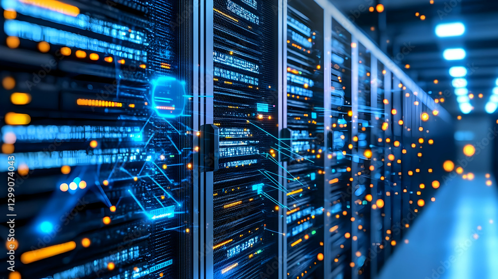 Poster high tech server racks with illuminated blue and orange lights showing data flow