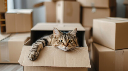 Playful Tabby Cat Relaxing Inside a Cardboard Box Surrounded by Moving Boxes in a New Home Environment