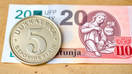 5 ukrainian kopiyka coin against 20 ukrainian hryvnia banknote