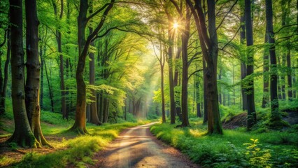 Fototapeta premium Sunlit Path Through a Verdant Forest of Tall Trees on a Serene Morning