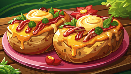 Closeup of baked potatoes with cheese and bacon