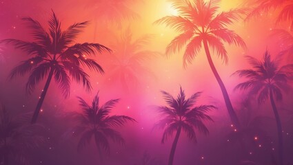 Obraz premium A stunning sunset casts vibrant colors over a tropical scene filled with palm trees. The selective focus emphasizes the lush silhouettes against a dreamy, blurred background, evoking relaxation.