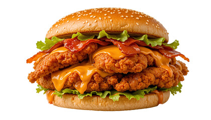 Fried chicken burger that have 3 fried chicken fillets inside, with melted cheddar cheese, bacon and barbecue sauce  isolated on transparent background 