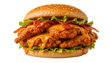 Fried chicken burger that have 3 fried chicken fillets inside, with melted cheddar cheese, bacon and barbecue sauce  isolated on transparent background 