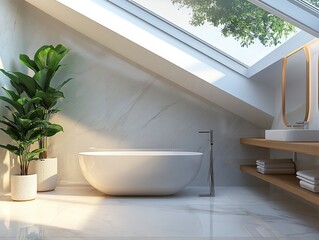 Fototapeta premium Modern bathroom with a bathtub, toilet, and sink on the right side of the room, large skylight windows above the ceiling, white marble floor tiles, and a wooden shelf for ornamental decoration.