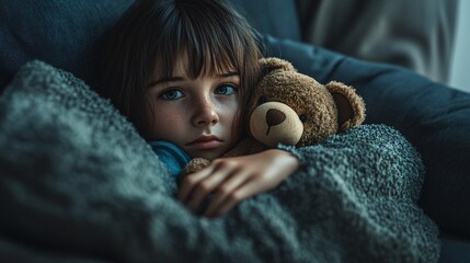 Comforting sick child with teddy bear on the couch in cozy home environment