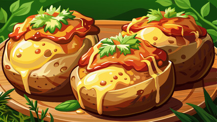 Closeup of baked potatoes with cheese and bacon