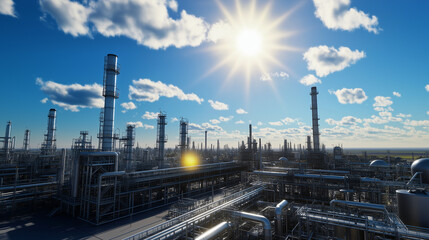 Obraz premium A sweeping view of an industrial petrochemical complex with an array of factory buildings, oil extraction units, and energy generators, all under a blue sky with the sunlight shini