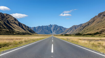 Fototapeta premium Empty Asphalt Road Leading Towards Majestic Mountain Range Under Bright Blue Sky
