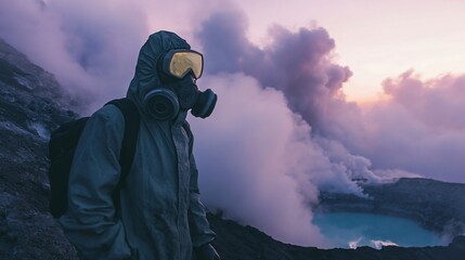 Adventurous tourist in protective gear exploring volcanic crater