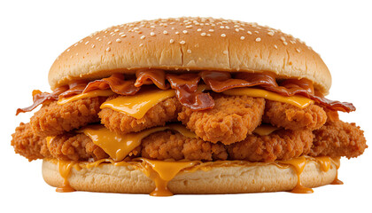 Fried chicken burger that have 3 fried chicken fillets inside, with melted cheddar cheese, bacon and barbecue sauce  isolated on transparent background 
